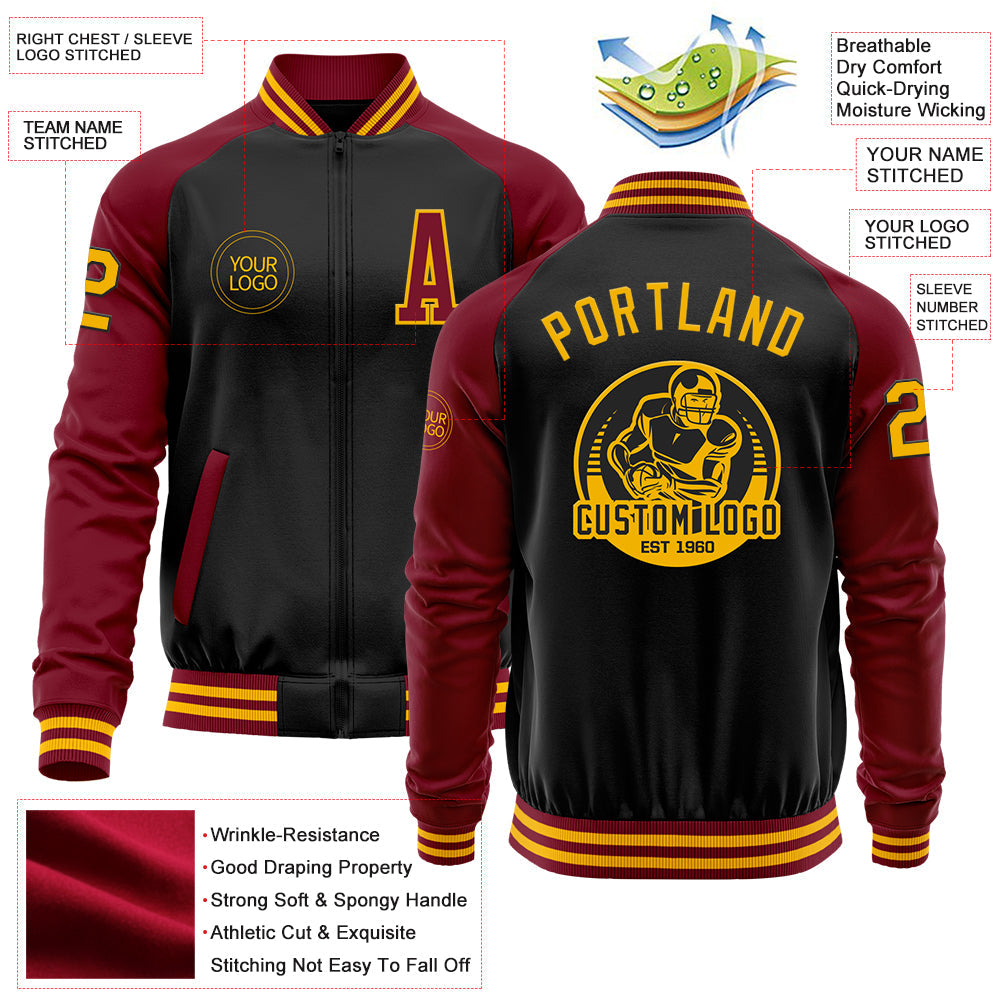 Custom Black Gold-Crimson Bomber Varsity Letterman Two Tone Zipper Jacket view 4