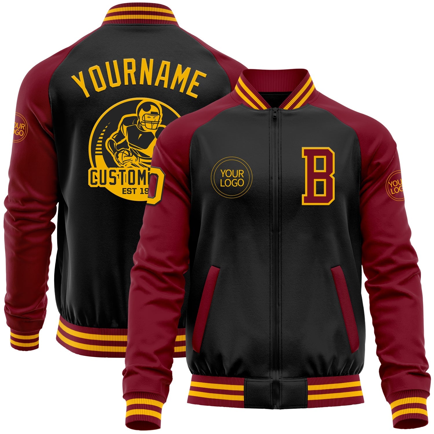 Custom Black Gold-Crimson Bomber Varsity Letterman Two Tone Zipper Jacket - Main View