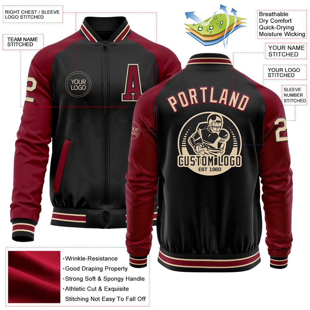 Custom Black City Cream-Crimson Bomber Varsity Letterman Two Tone Zipper Jacket view 4