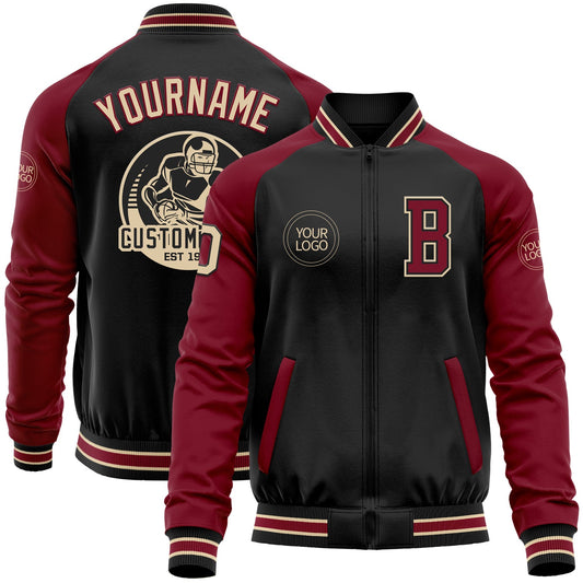 Custom Black City Cream-Crimson Bomber Varsity Letterman Two Tone Zipper Jacket - Main View