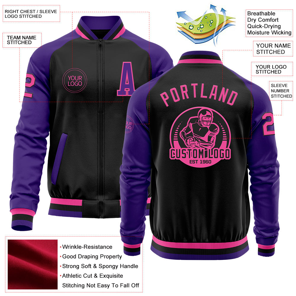 Custom Black Pink-Purple Bomber Varsity Letterman Two Tone Zipper Jacket view 4