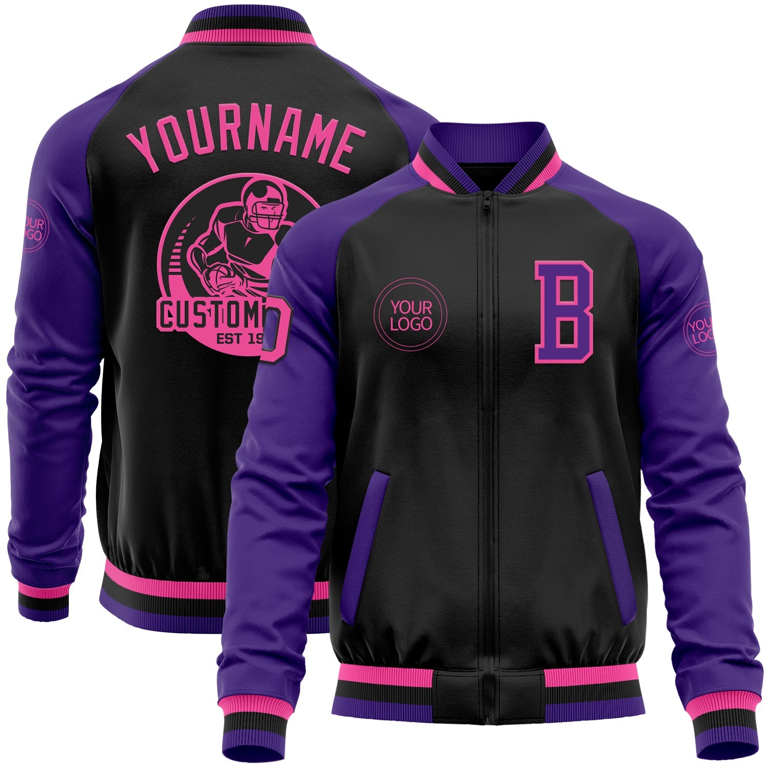 Custom Black Pink-Purple Bomber Varsity Letterman Two Tone Zipper Jacket - Main View