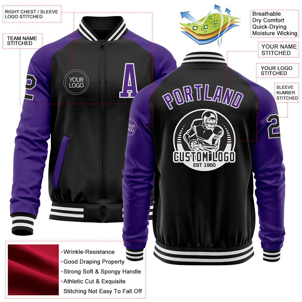 Custom Black Purple-White Bomber Varsity Letterman Two Tone Zipper Jacket view 4