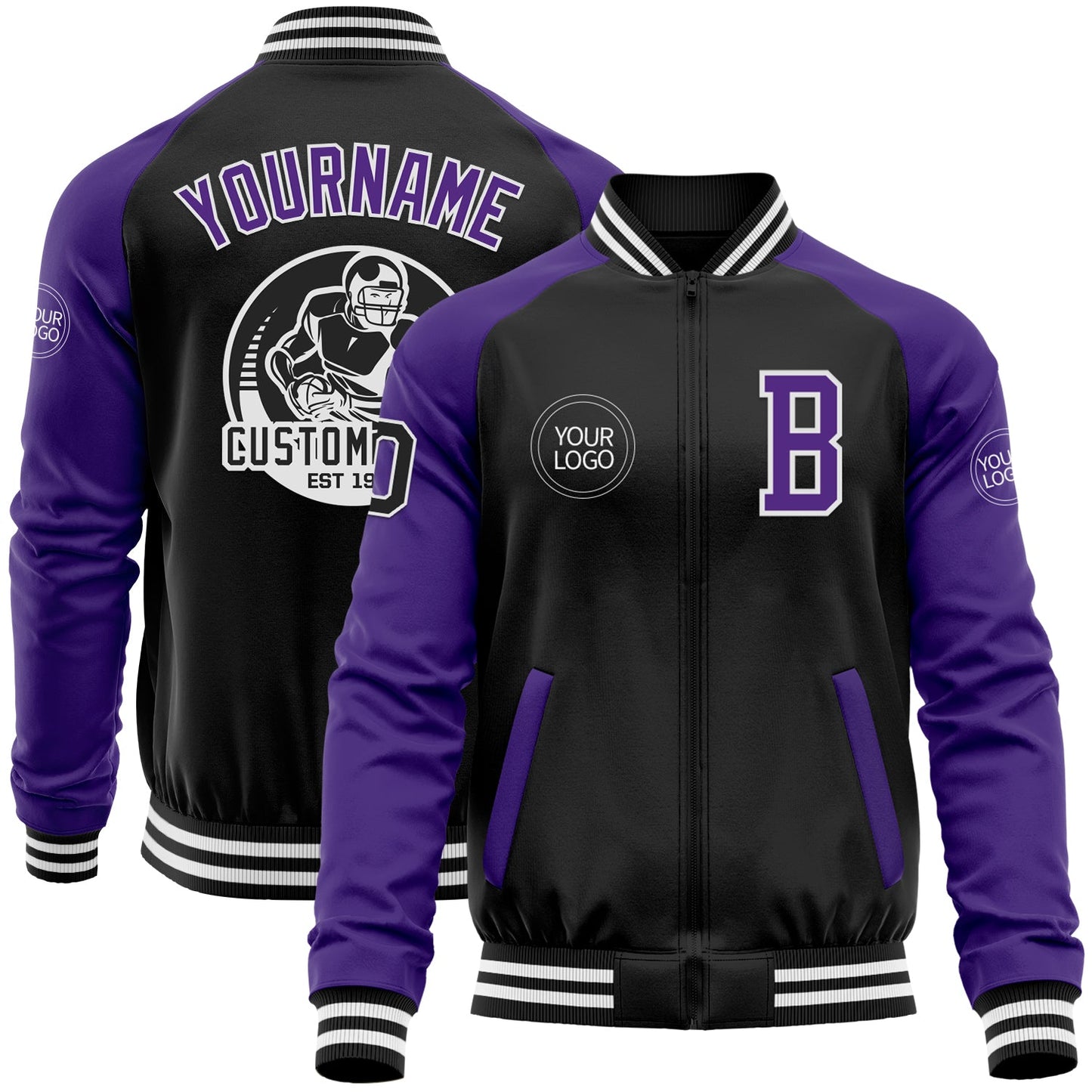 Custom Black Purple-White Bomber Varsity Letterman Two Tone Zipper Jacket - Main View