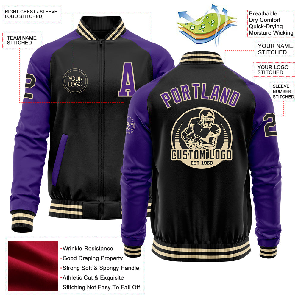Custom Black Purple-Cream Bomber Varsity Letterman Two Tone Zipper Jacket view 4