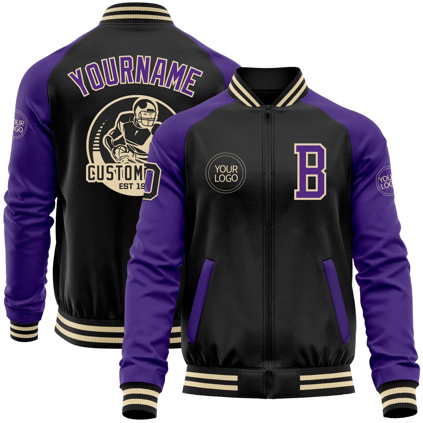 Custom Black Purple-Cream Bomber Varsity Letterman Two Tone Zipper Jacket - Main View
