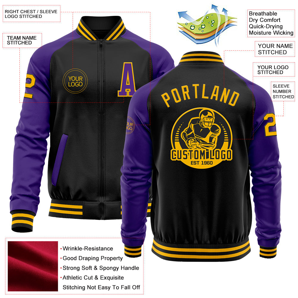 Custom Black Gold-Purple Bomber Varsity Letterman Two Tone Zipper Jacket view 4