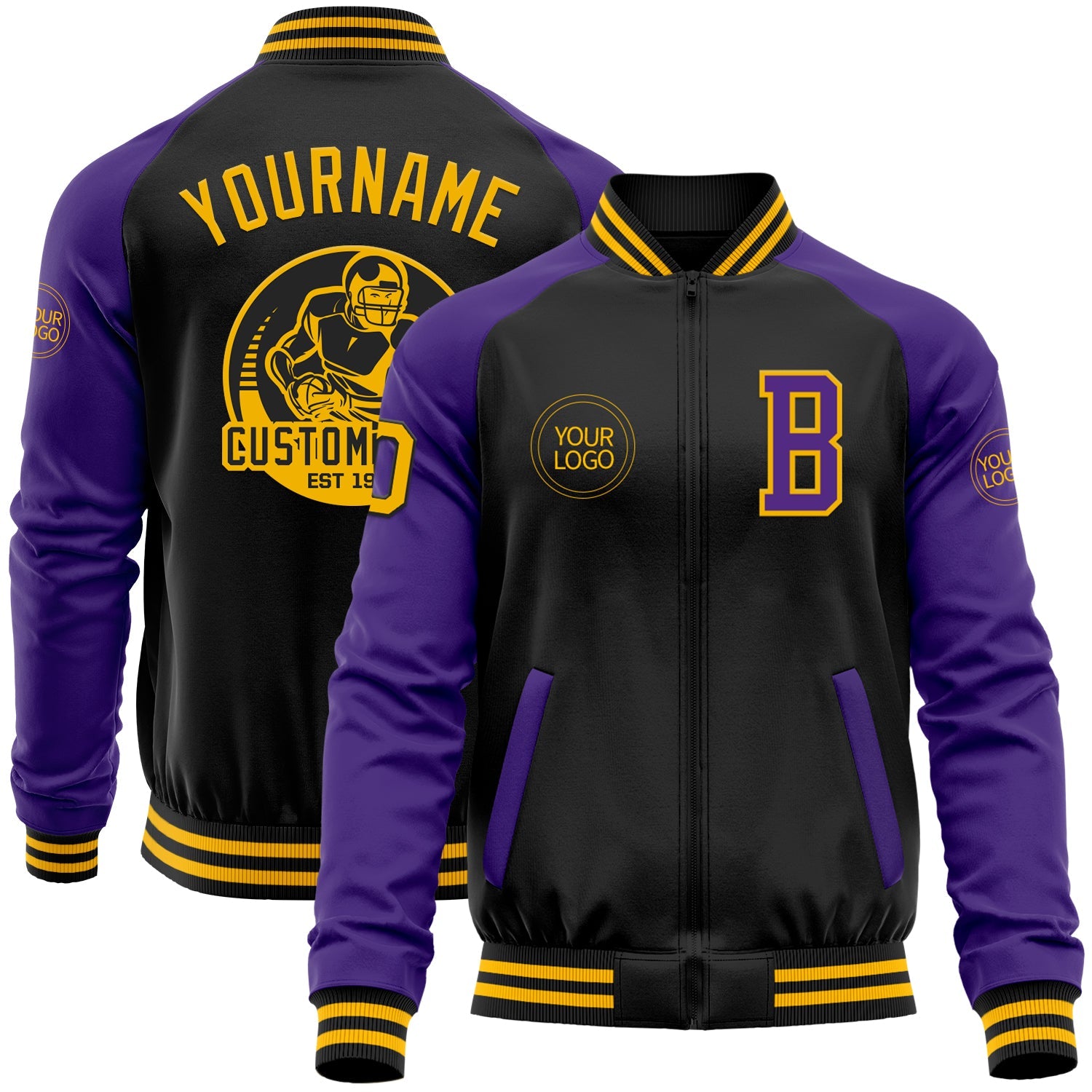 Custom Black Gold-Purple Bomber Varsity Letterman Two Tone Zipper Jacket - Main View