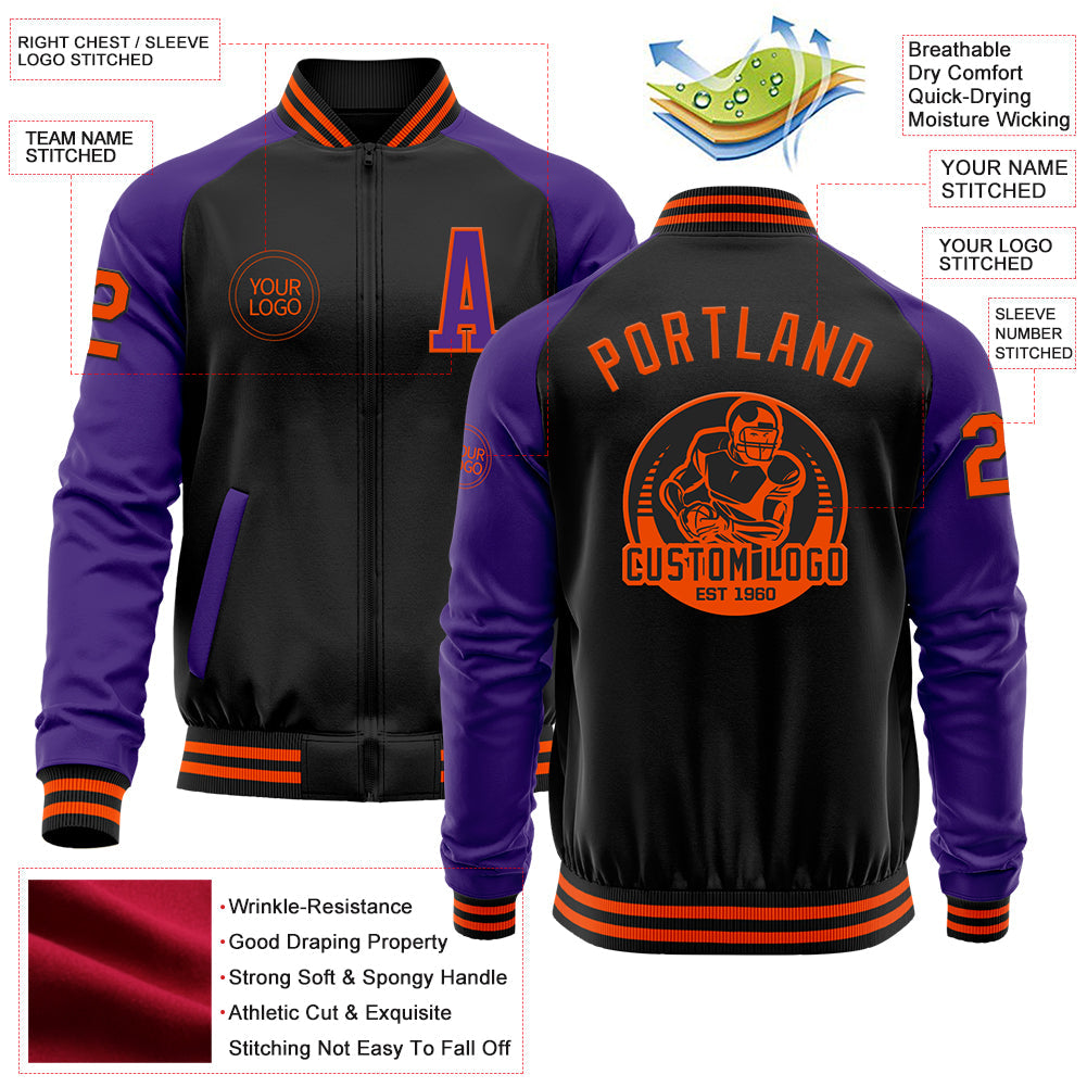 Custom Black Orange-Purple Bomber Varsity Letterman Two Tone Zipper Jacket view 4