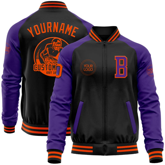 Custom Black Orange-Purple Bomber Varsity Letterman Two Tone Zipper Jacket - Main View