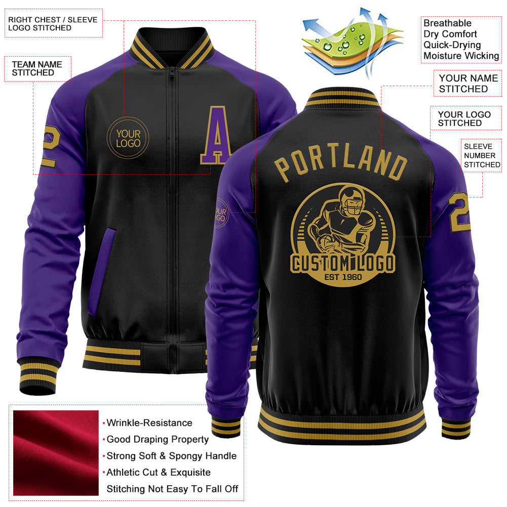 Custom Black Old Gold-Purple Bomber Varsity Letterman Two Tone Zipper Jacket view 4