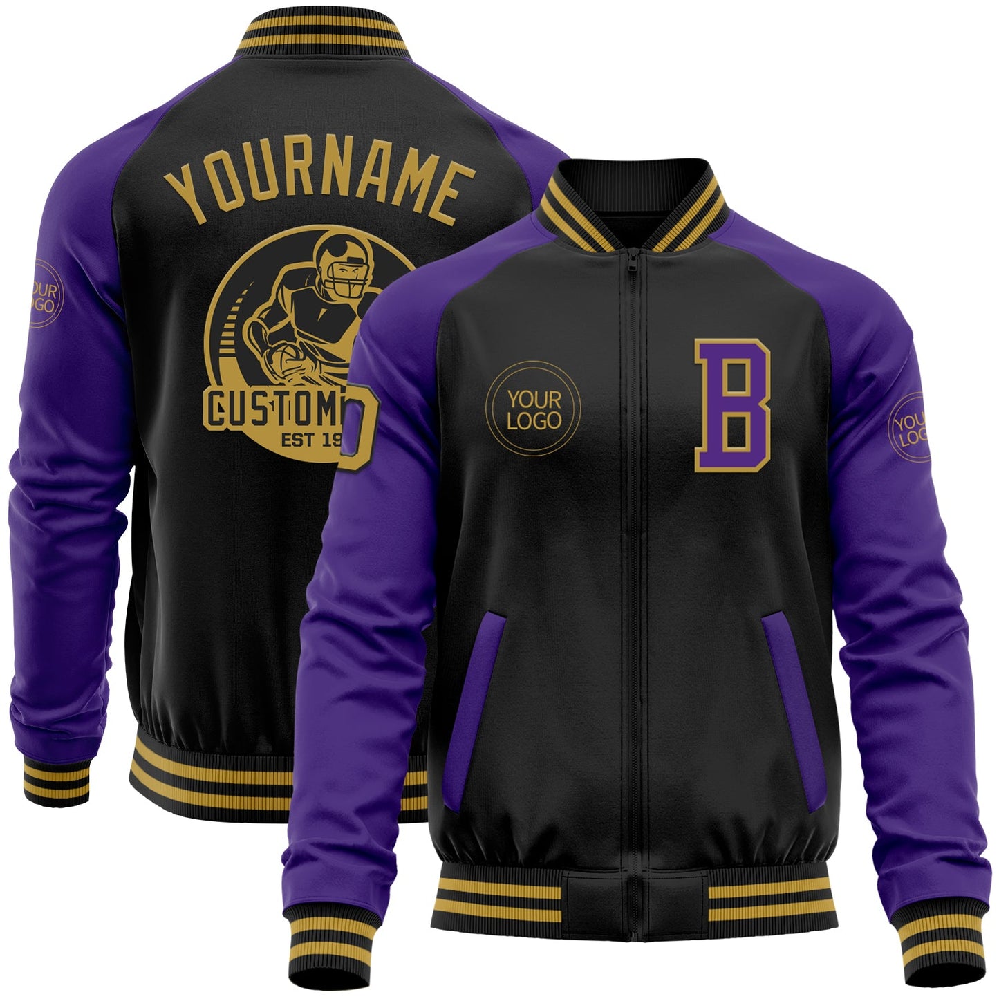 Custom Black Old Gold-Purple Bomber Varsity Letterman Two Tone Zipper Jacket - Main View