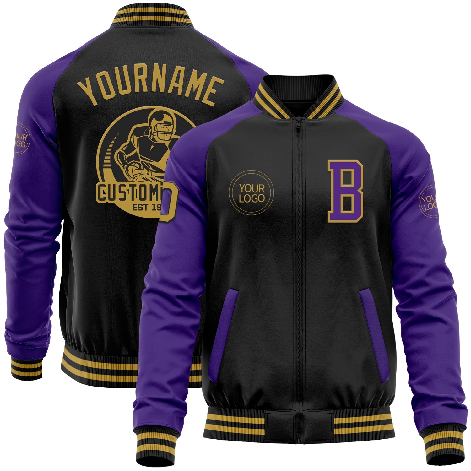 Custom Black Old Gold-Purple Bomber Varsity Letterman Two Tone Zipper Jacket - Main View