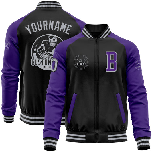 Custom Black Gray-Purple Bomber Varsity Letterman Two Tone Zipper Jacket - Main View