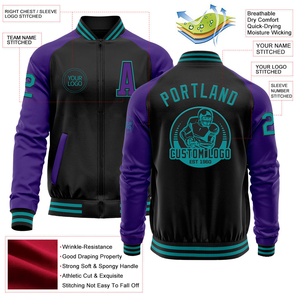 Custom Black Teal-Purple Bomber Varsity Letterman Two Tone Zipper Jacket view 4