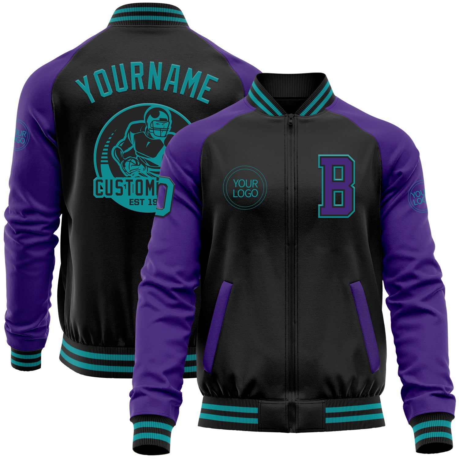 Custom Black Teal-Purple Bomber Varsity Letterman Two Tone Zipper Jacket - Main View