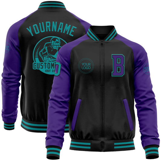 Custom Black Teal-Purple Bomber Varsity Letterman Two Tone Zipper Jacket - Main View