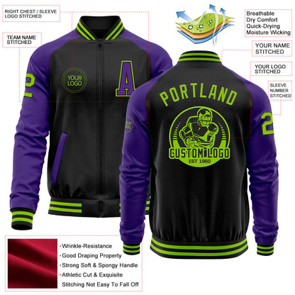 Custom Black Neon Green-Purple Bomber Varsity Letterman Two Tone Zipper Jacket view 4