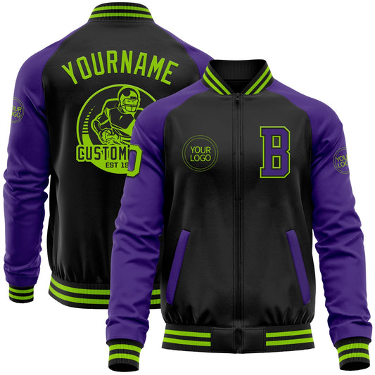 Custom Black Neon Green-Purple Bomber Varsity Letterman Two Tone Zipper Jacket - Main View