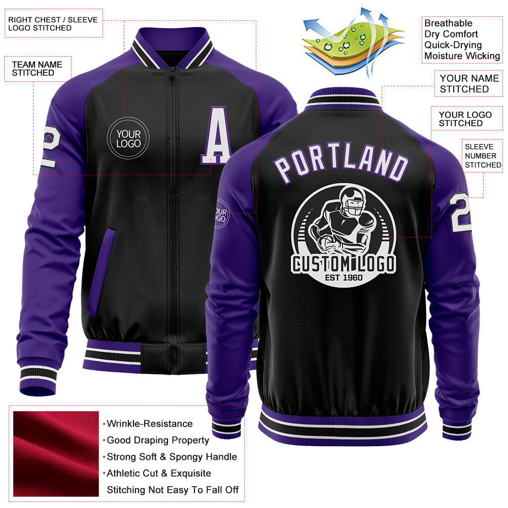 Custom Black White-Purple Bomber Varsity Letterman Two Tone Zipper Jacket view 4