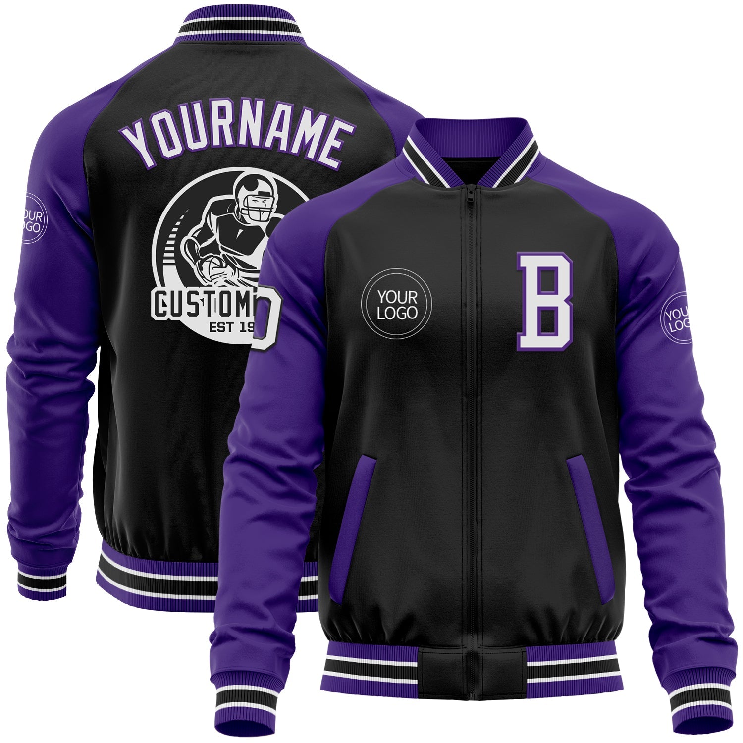 Custom Black White-Purple Bomber Varsity Letterman Two Tone Zipper Jacket - Main View