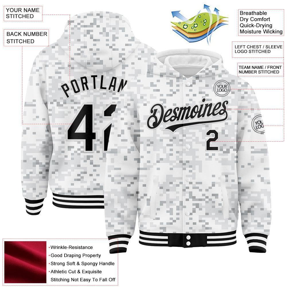 Custom Camo Black-White Arctic Camouflage 3D Bomber Full-Snap Varsity Letterman Salute To Service Hoodie Jacket view 3