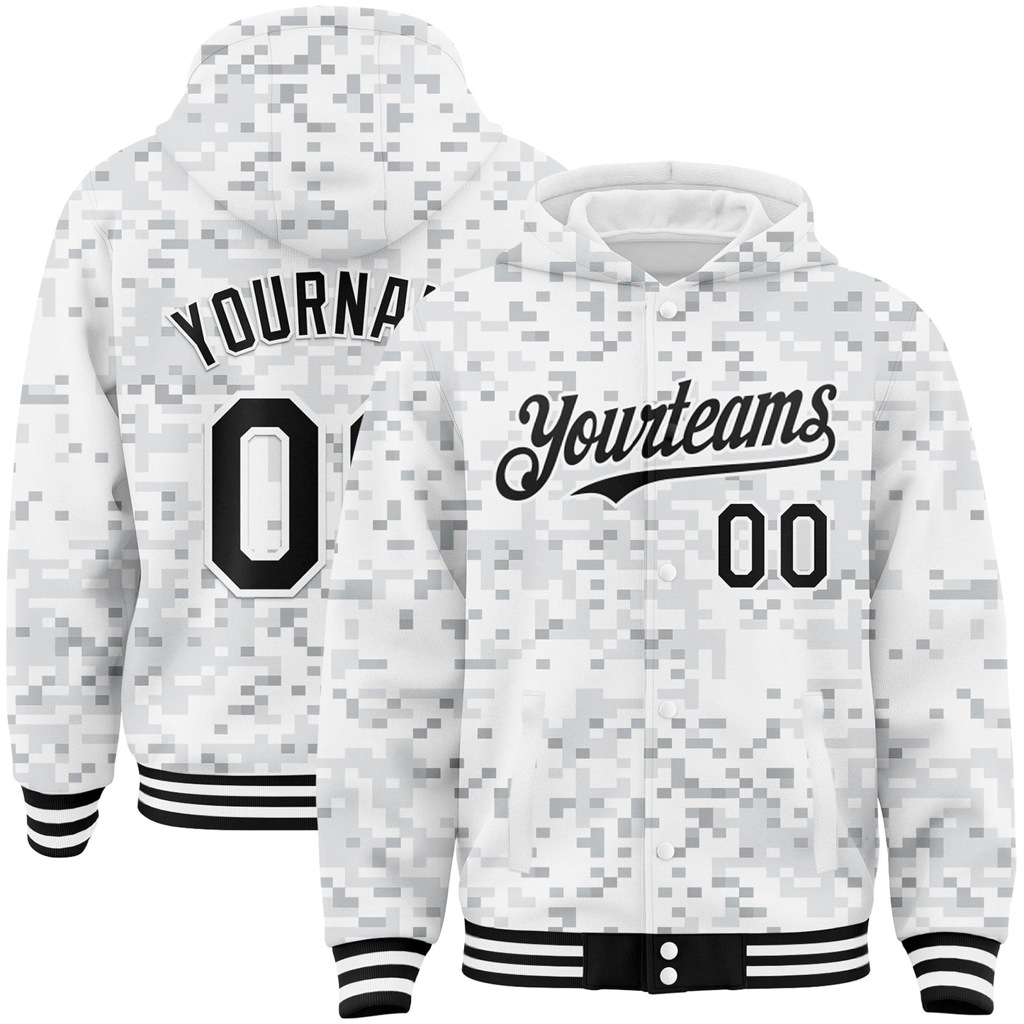 Custom Camo Black-White Arctic Camouflage 3D Bomber Full-Snap Varsity Letterman Salute To Service Hoodie Jacket - Main View