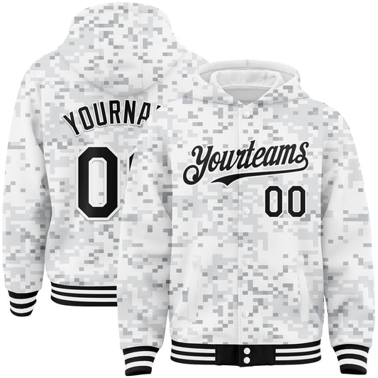 Custom Camo Black-White Arctic Camouflage 3D Bomber Full-Snap Varsity Letterman Salute To Service Hoodie Jacket - Main View