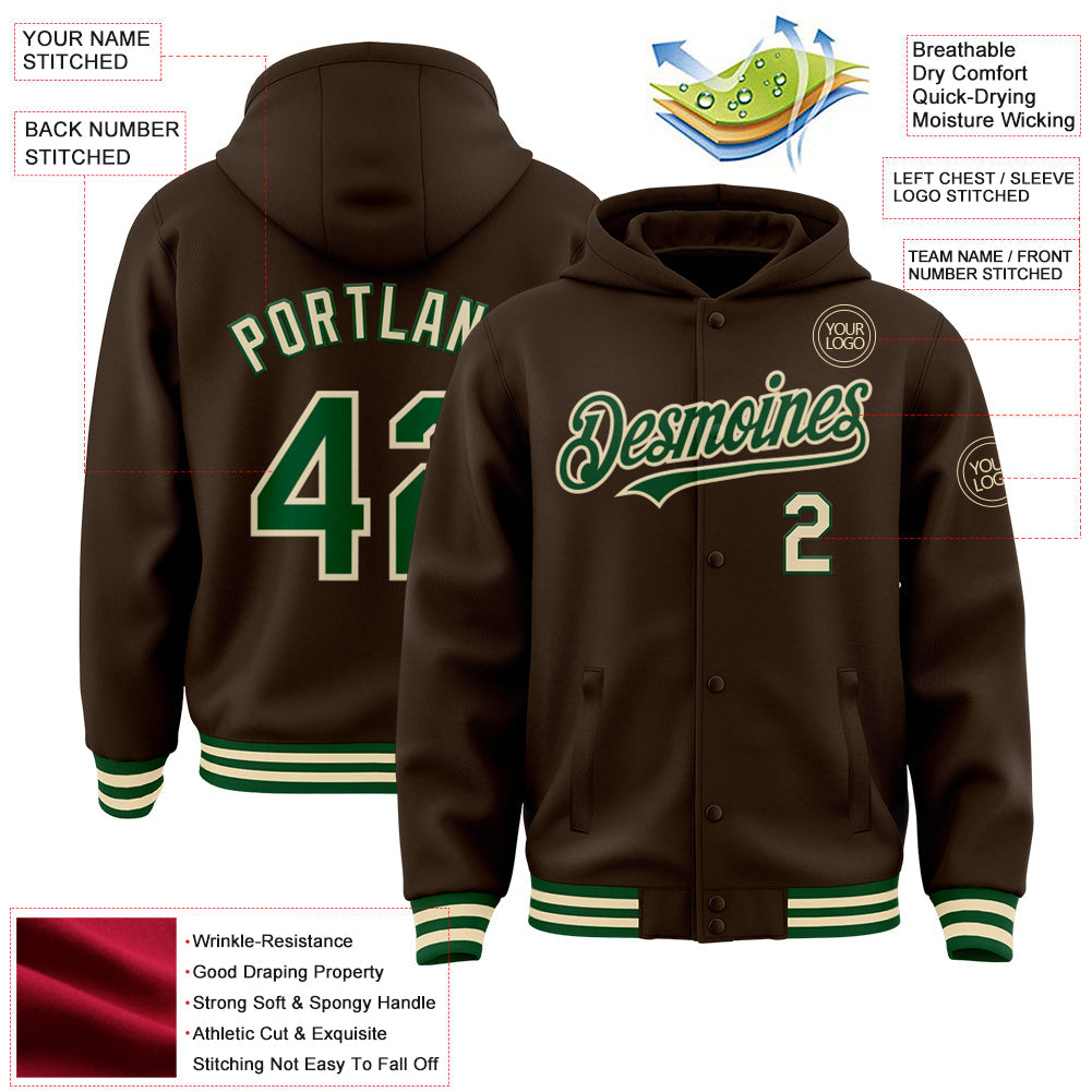 Custom Brown Green-Cream Bomber Full-Snap Varsity Letterman Hoodie Jacket view 3