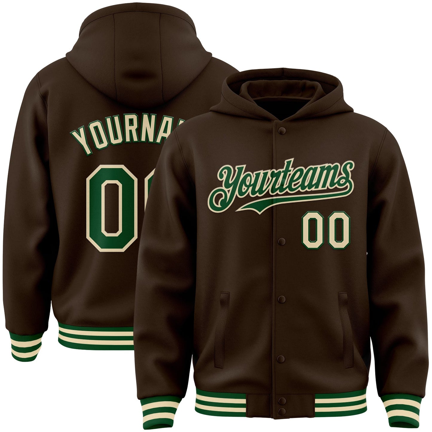 Custom Brown Green-Cream Bomber Full-Snap Varsity Letterman Hoodie Jacket - Main View