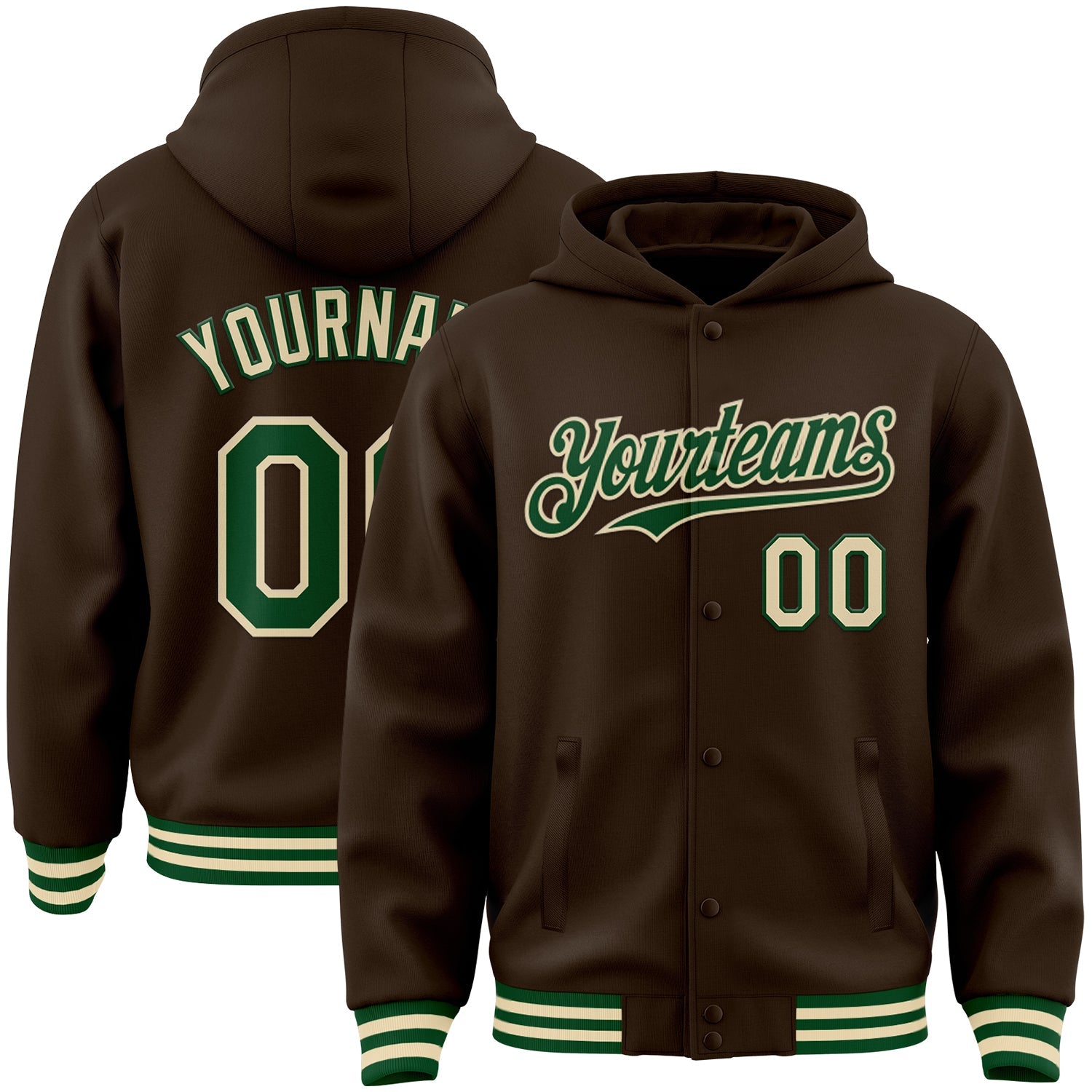 Custom Brown Green-Cream Bomber Full-Snap Varsity Letterman Hoodie Jacket - Main View