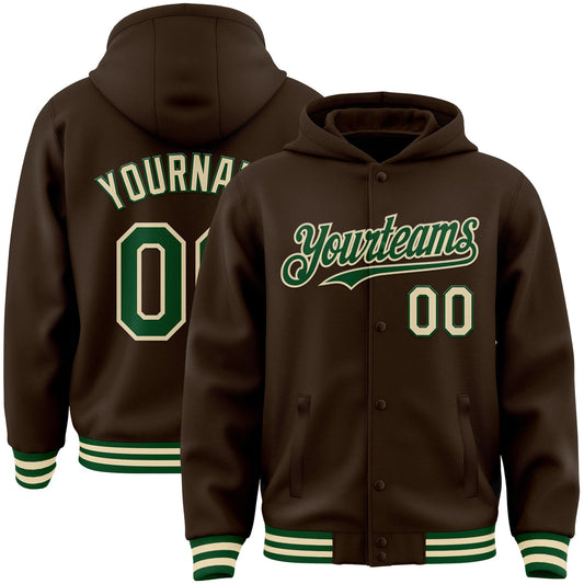 Custom Brown Green-Cream Bomber Full-Snap Varsity Letterman Hoodie Jacket - Main View