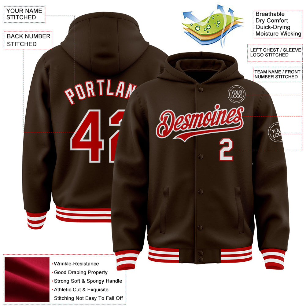 Custom Brown Red-White Bomber Full-Snap Varsity Letterman Hoodie Jacket view 3