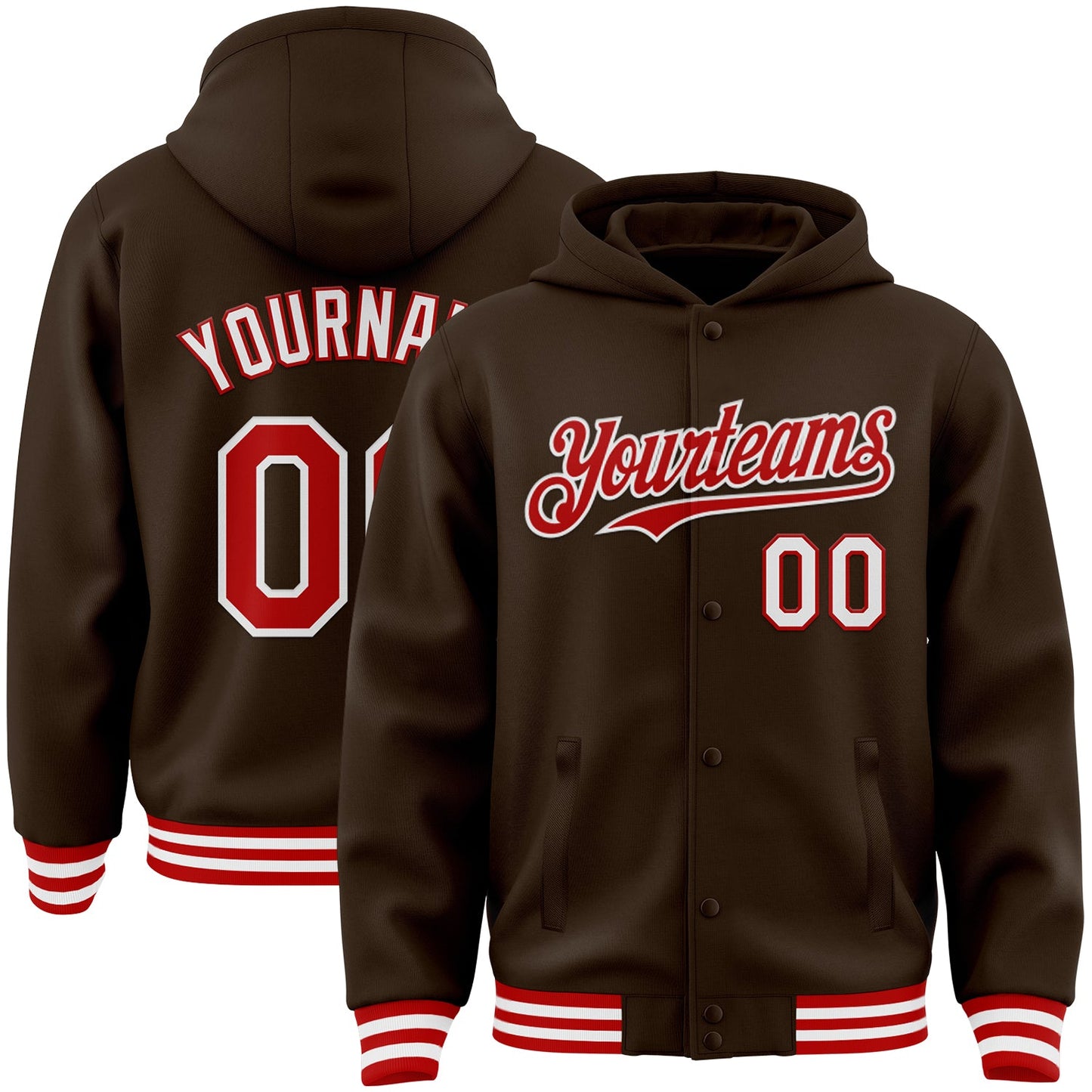 Custom Brown Red-White Bomber Full-Snap Varsity Letterman Hoodie Jacket - Main View