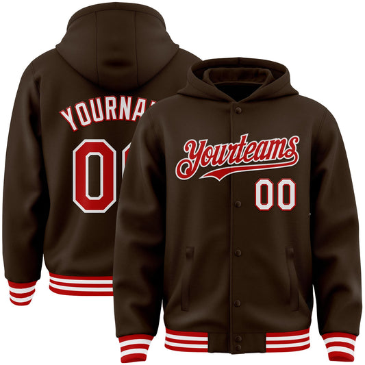 Custom Brown Red-White Bomber Full-Snap Varsity Letterman Hoodie Jacket - Main View