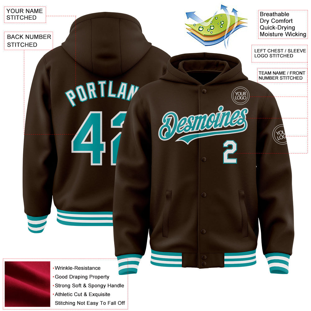 Custom Brown Teal-White Bomber Full-Snap Varsity Letterman Hoodie Jacket view 3