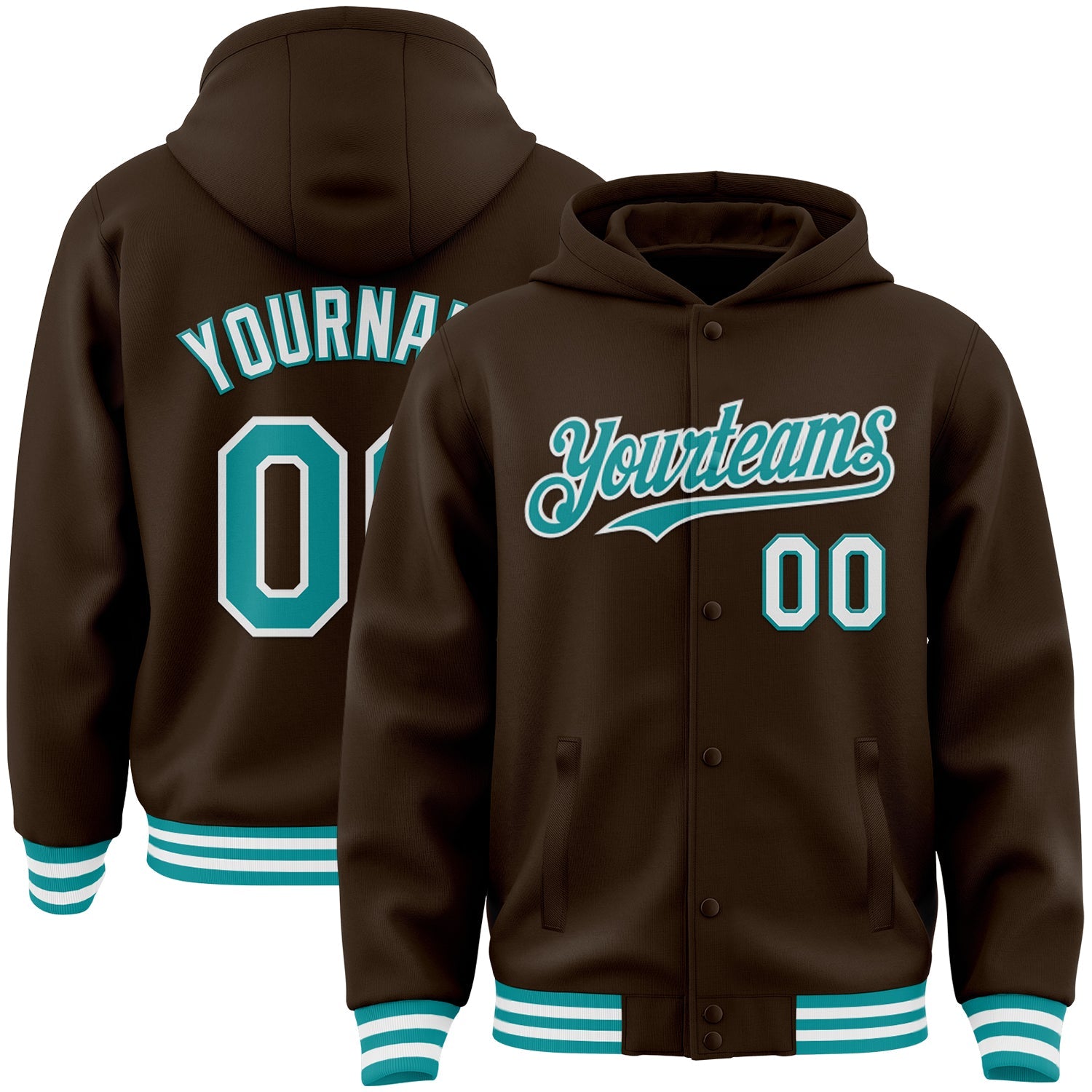 Custom Brown Teal-White Bomber Full-Snap Varsity Letterman Hoodie Jacket - Main View