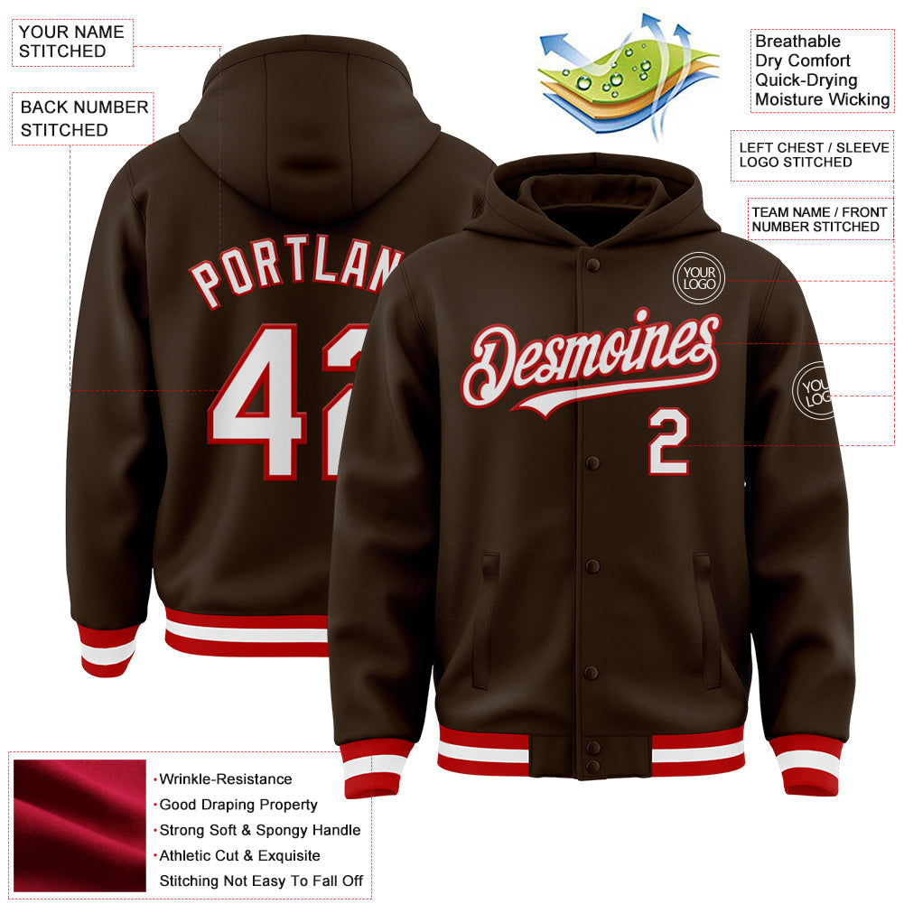 Custom Brown White-Red Bomber Full-Snap Varsity Letterman Hoodie Jacket view 3