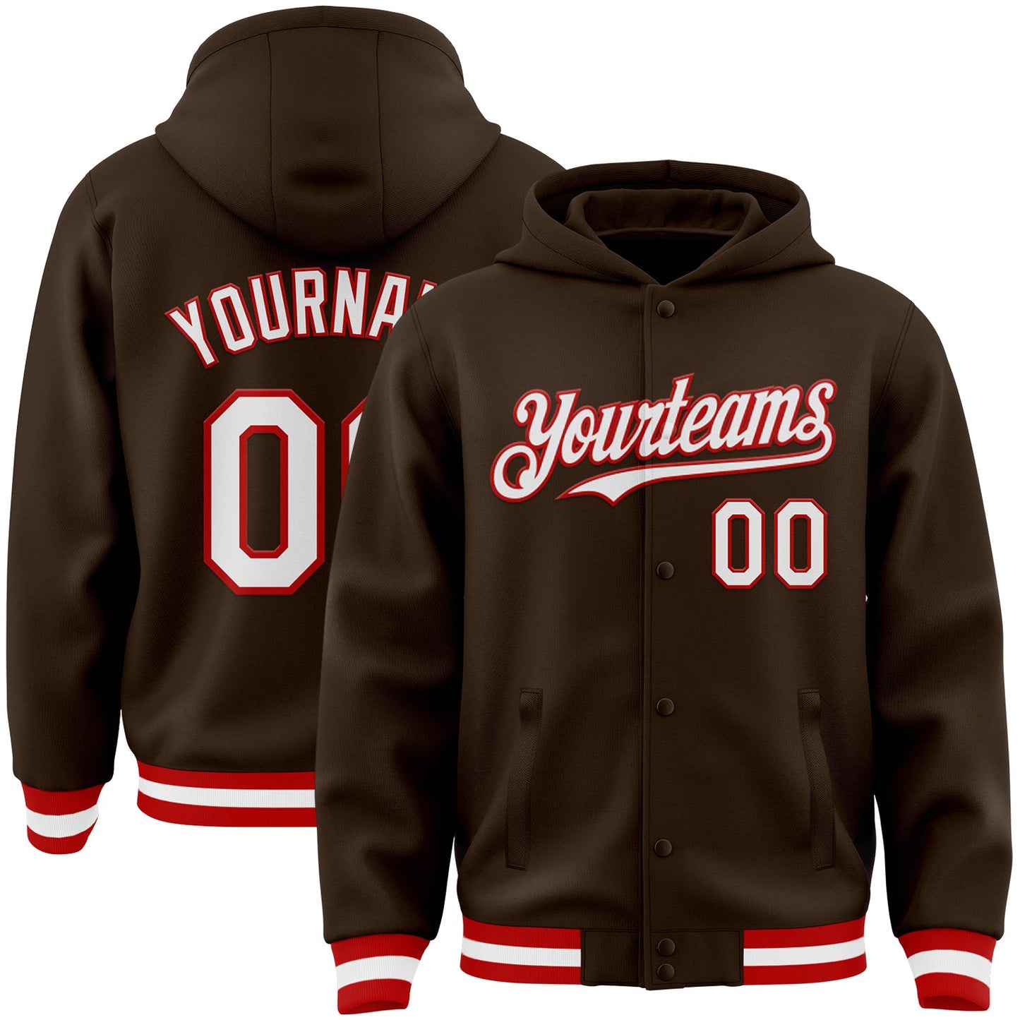 Custom Brown White-Red Bomber Full-Snap Varsity Letterman Hoodie Jacket - Main View