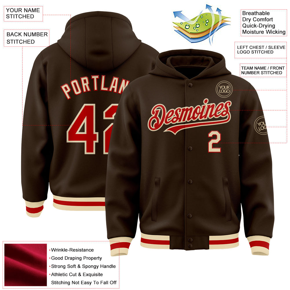 Custom Brown Red-Cream Bomber Full-Snap Varsity Letterman Hoodie Jacket view 3