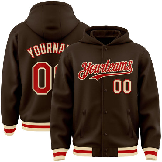 Custom Brown Red-Cream Bomber Full-Snap Varsity Letterman Hoodie Jacket - Main View