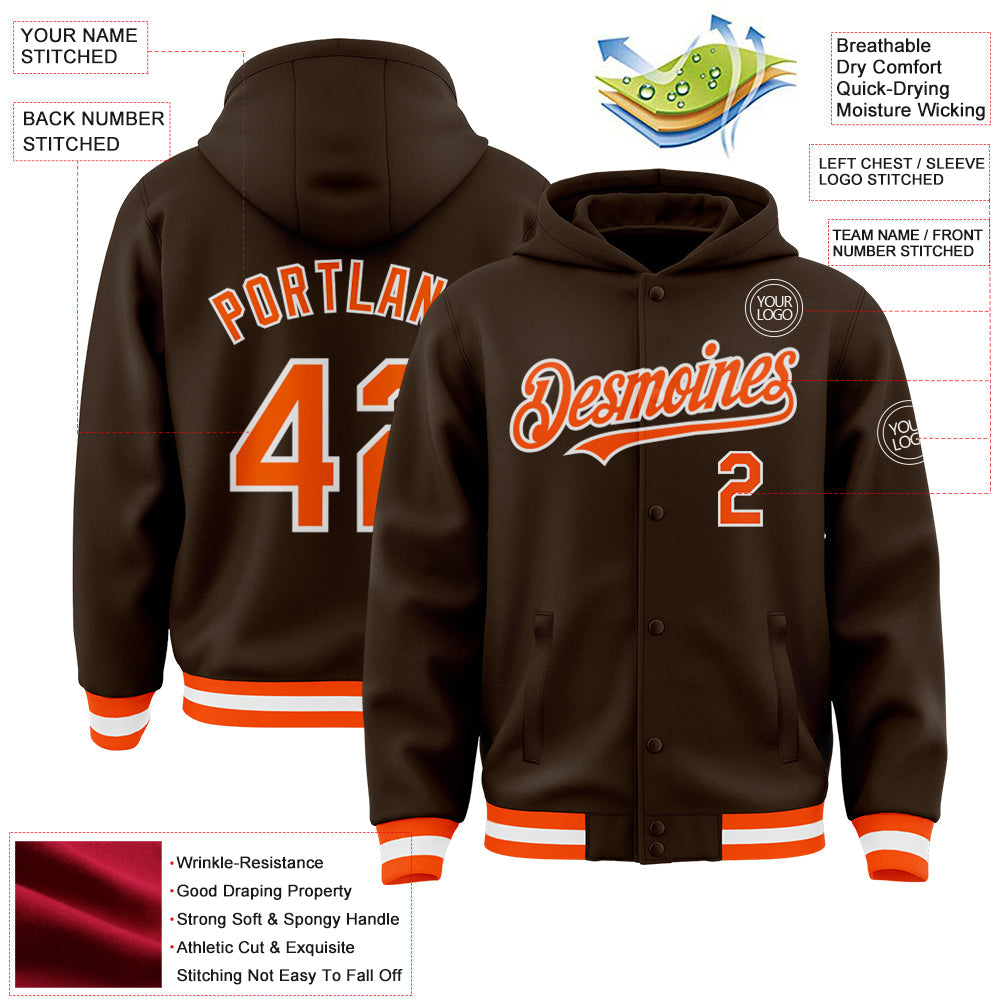 Custom Brown Orange-White Bomber Full-Snap Varsity Letterman Hoodie Jacket view 3
