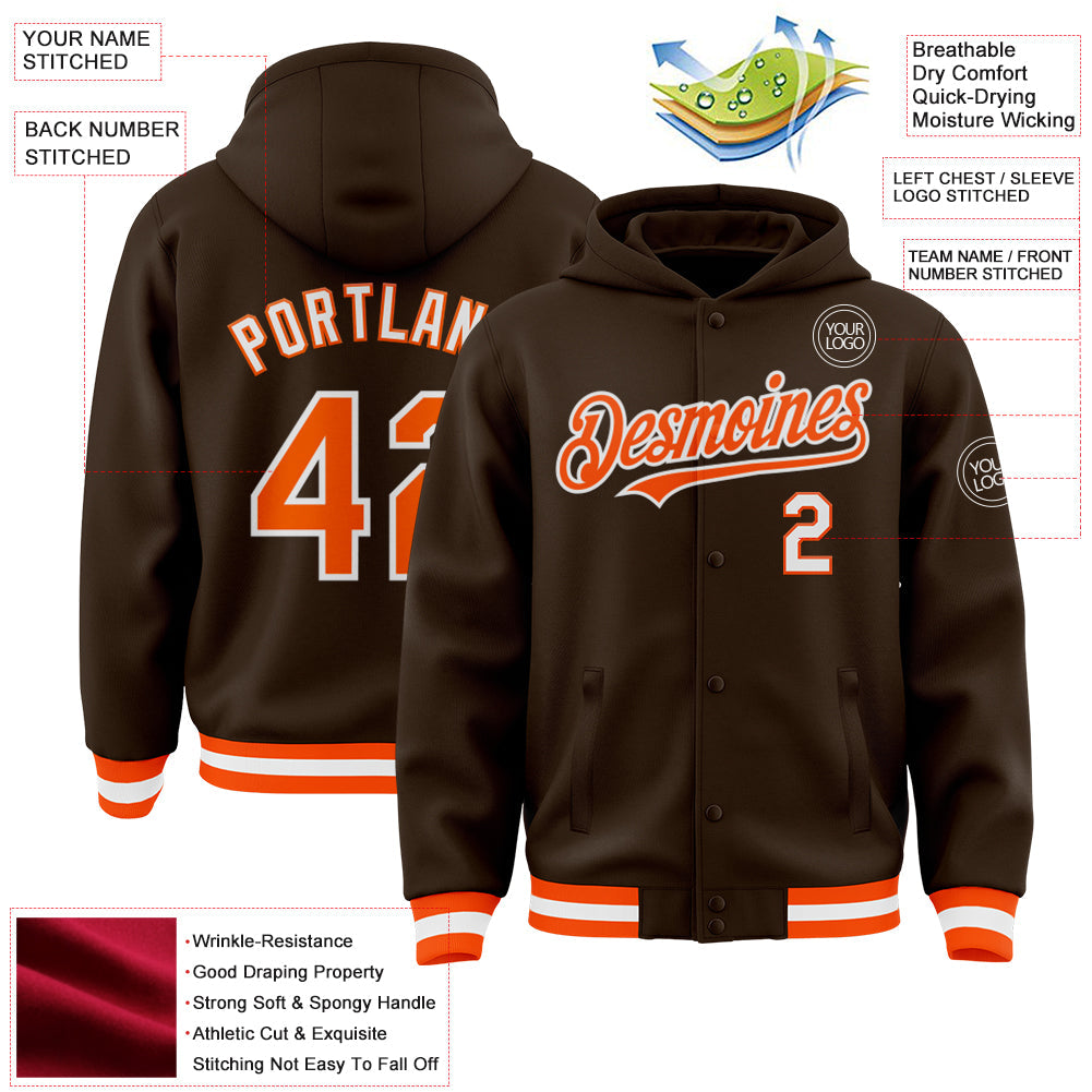 Custom Brown Orange-White Bomber Full-Snap Varsity Letterman Hoodie Jacket view 3
