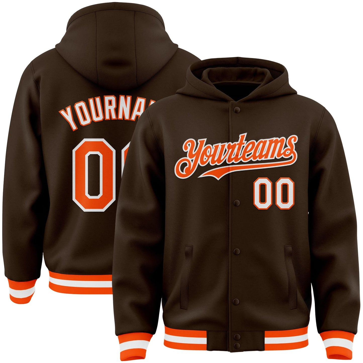 Custom Brown Orange-White Bomber Full-Snap Varsity Letterman Hoodie Jacket - Main View