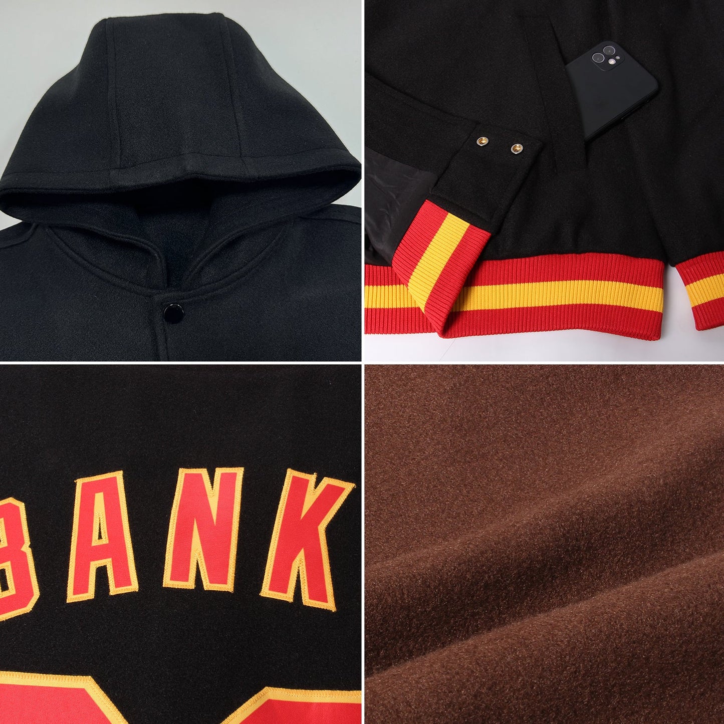 Custom Brown Gold-White Bomber Full-Snap Varsity Letterman Hoodie Jacket view 2