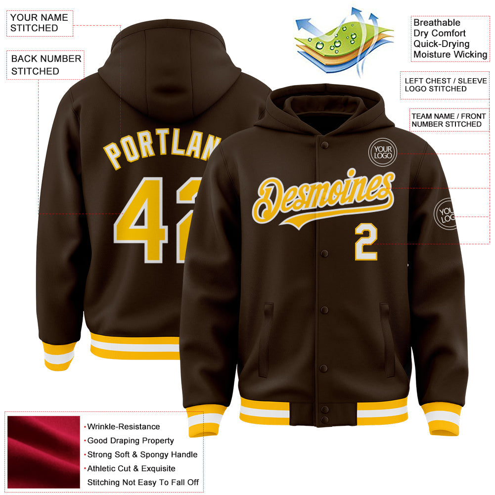 Custom Brown Gold-White Bomber Full-Snap Varsity Letterman Hoodie Jacket view 3