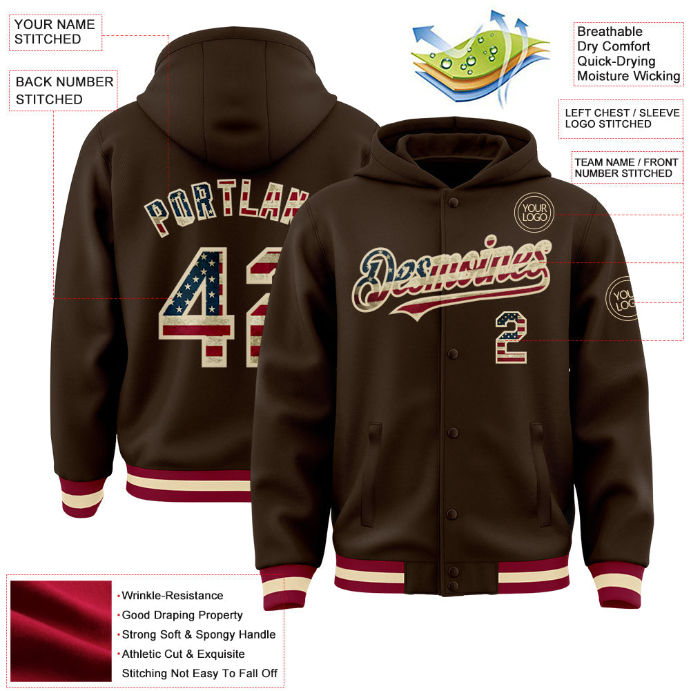Custom Brown Vintage USA Flag Cream-Maroon Bomber Full-Snap Varsity Letterman Hoodie Jacket view 3