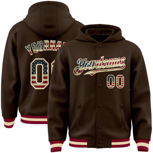 Custom Brown Vintage USA Flag Cream-Maroon Bomber Full-Snap Varsity Letterman Hoodie Jacket - Main View