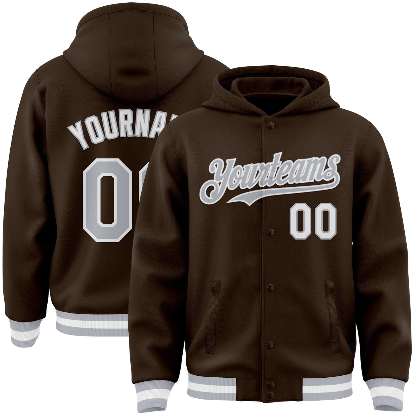 Custom Brown Gray-White Bomber Full-Snap Varsity Letterman Hoodie Jacket - Main View