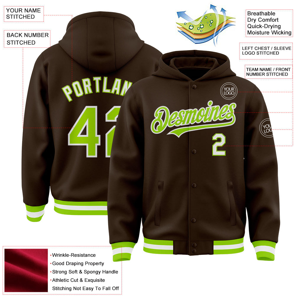 Custom Brown Neon Green-White Bomber Full-Snap Varsity Letterman Hoodie Jacket view 3